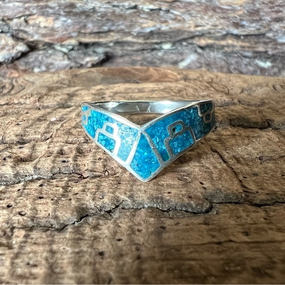 Taxco Mexico Sterling Silver Ring TR-60 Turquoise inlay geometric Maya Aztec 5 - Picture 2 of 5